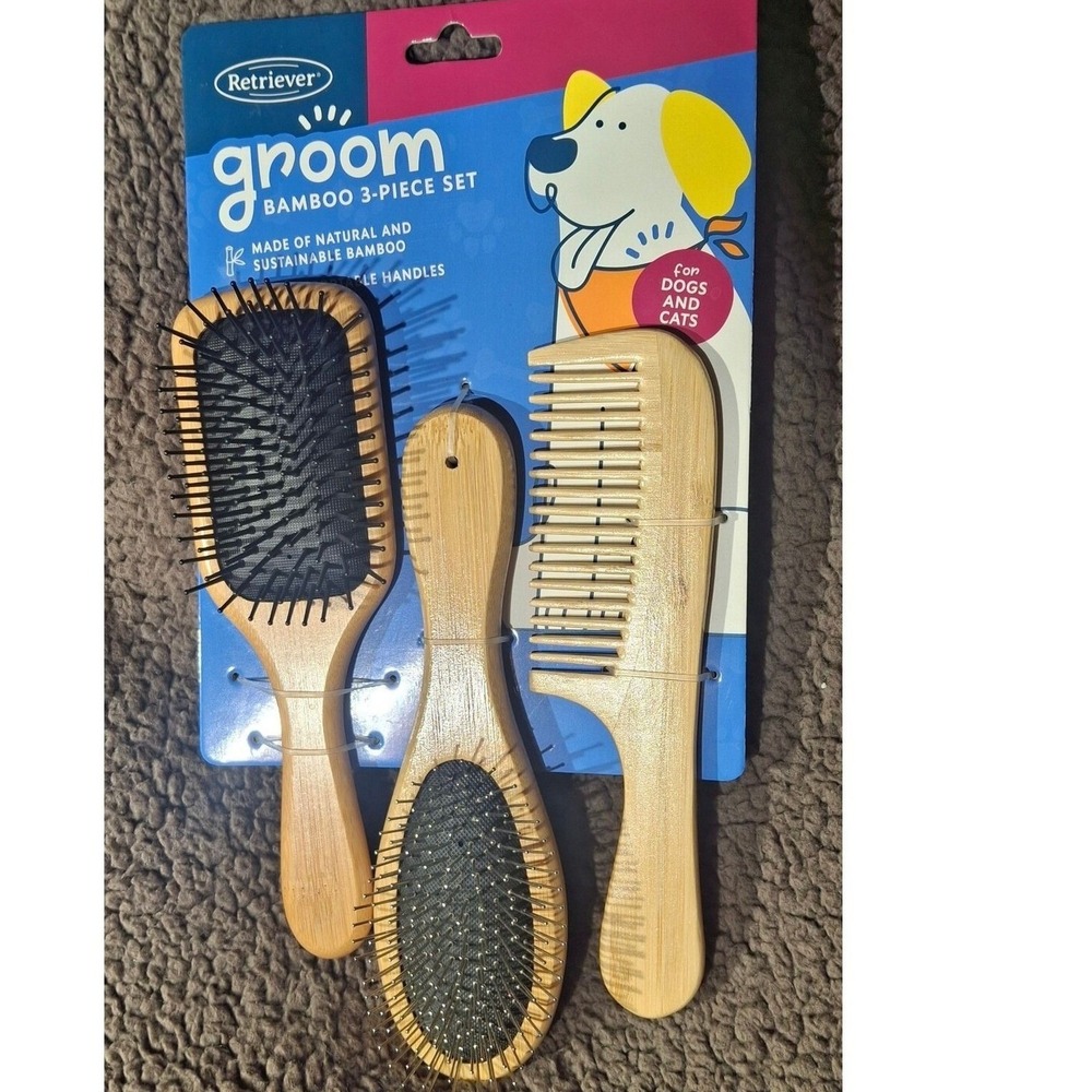 Retriever Groom 3-Piece Bamboo Pet Brush and Comb Set for Dogs and Cats NEW